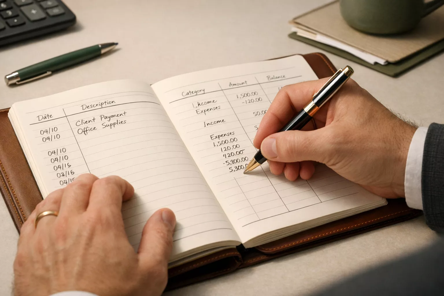 Person writing in a leather notebook with organized columns, representing careful financial record-keeping