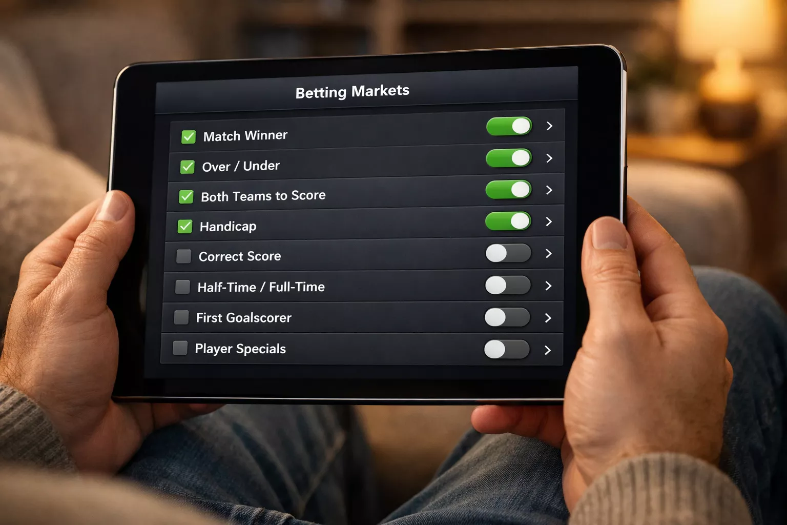 Sports betting interface showing various market options