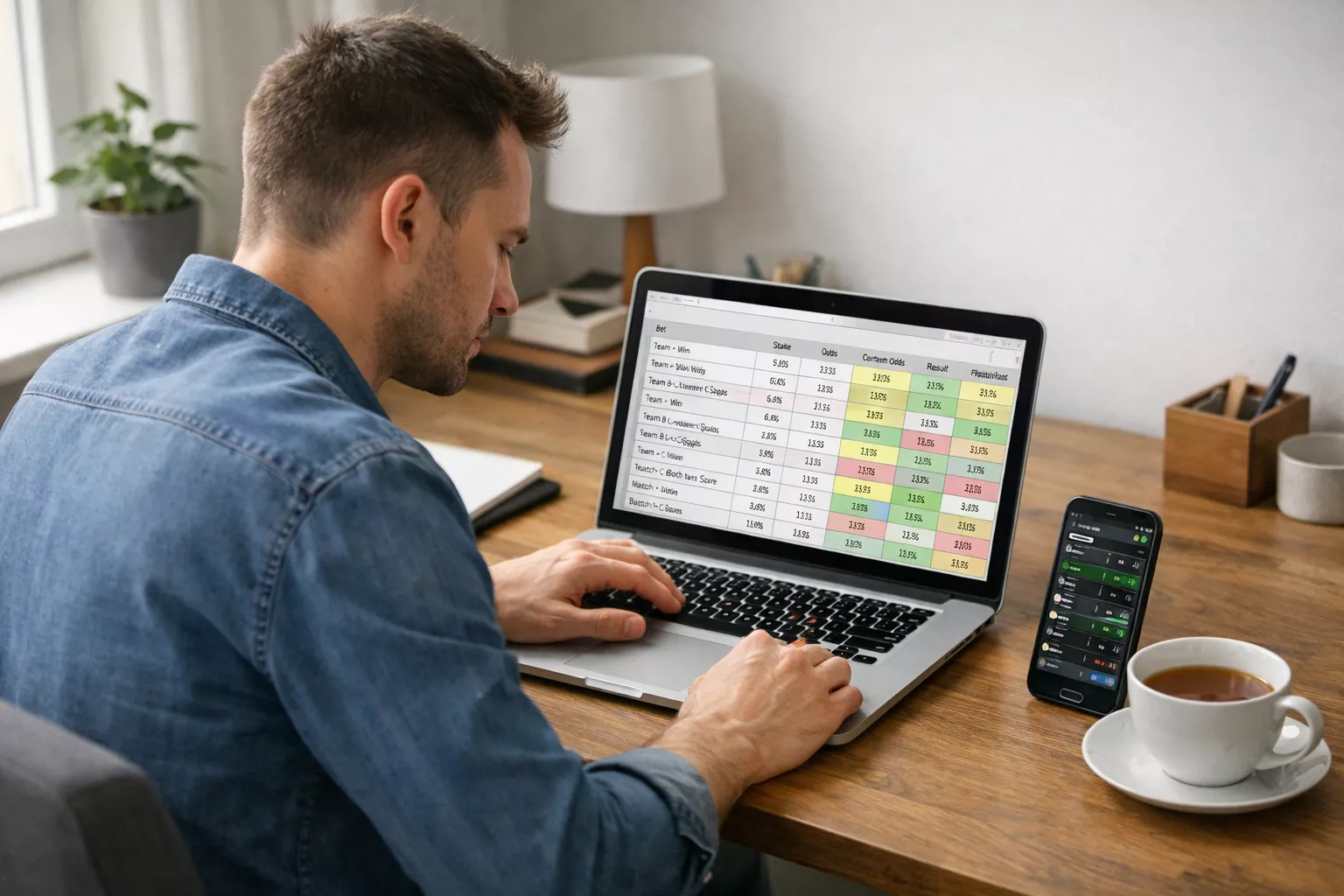 Bettor reviewing portfolio positions on laptop