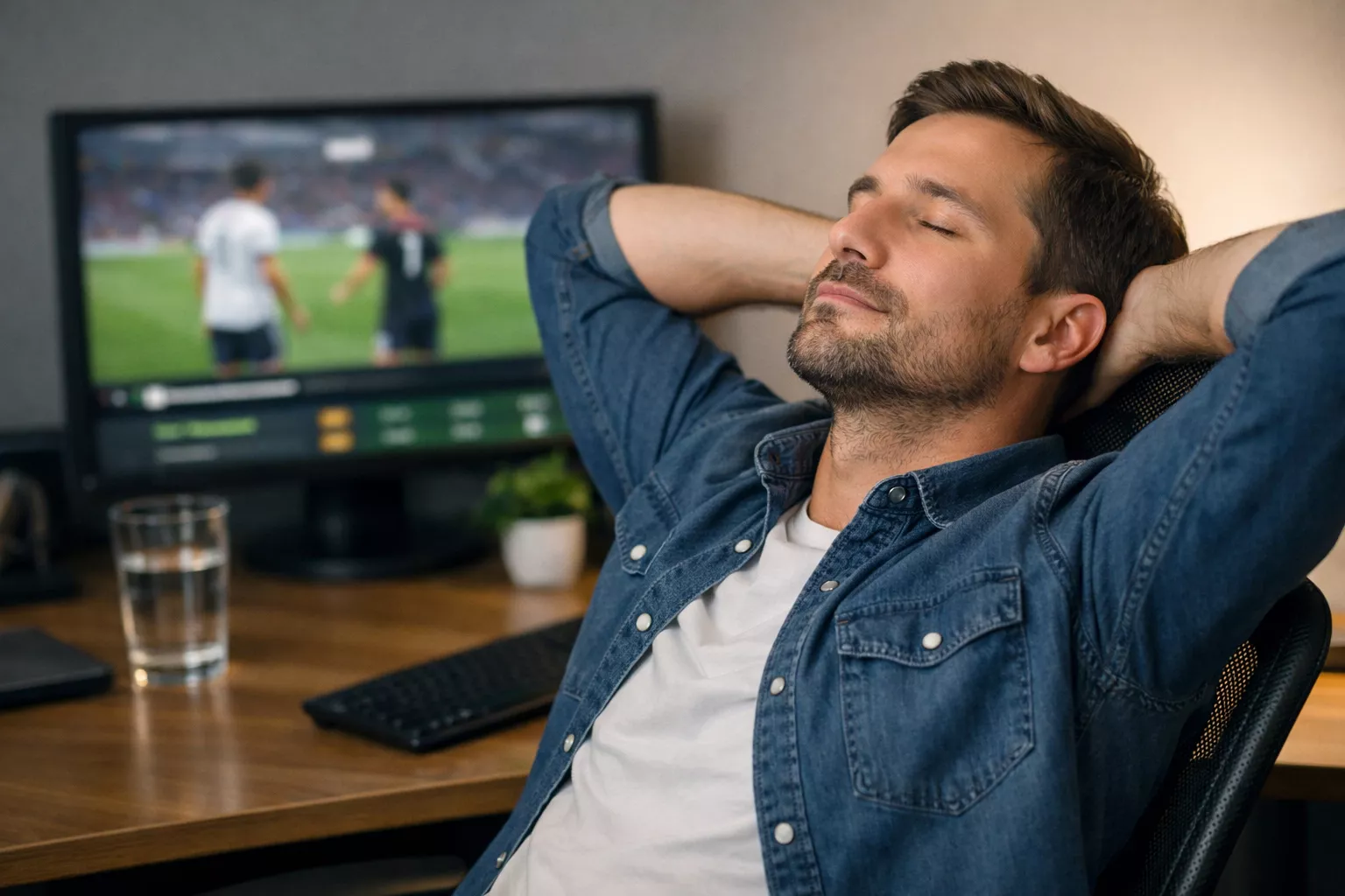 Person taking a mindful break from betting session in calm office environment