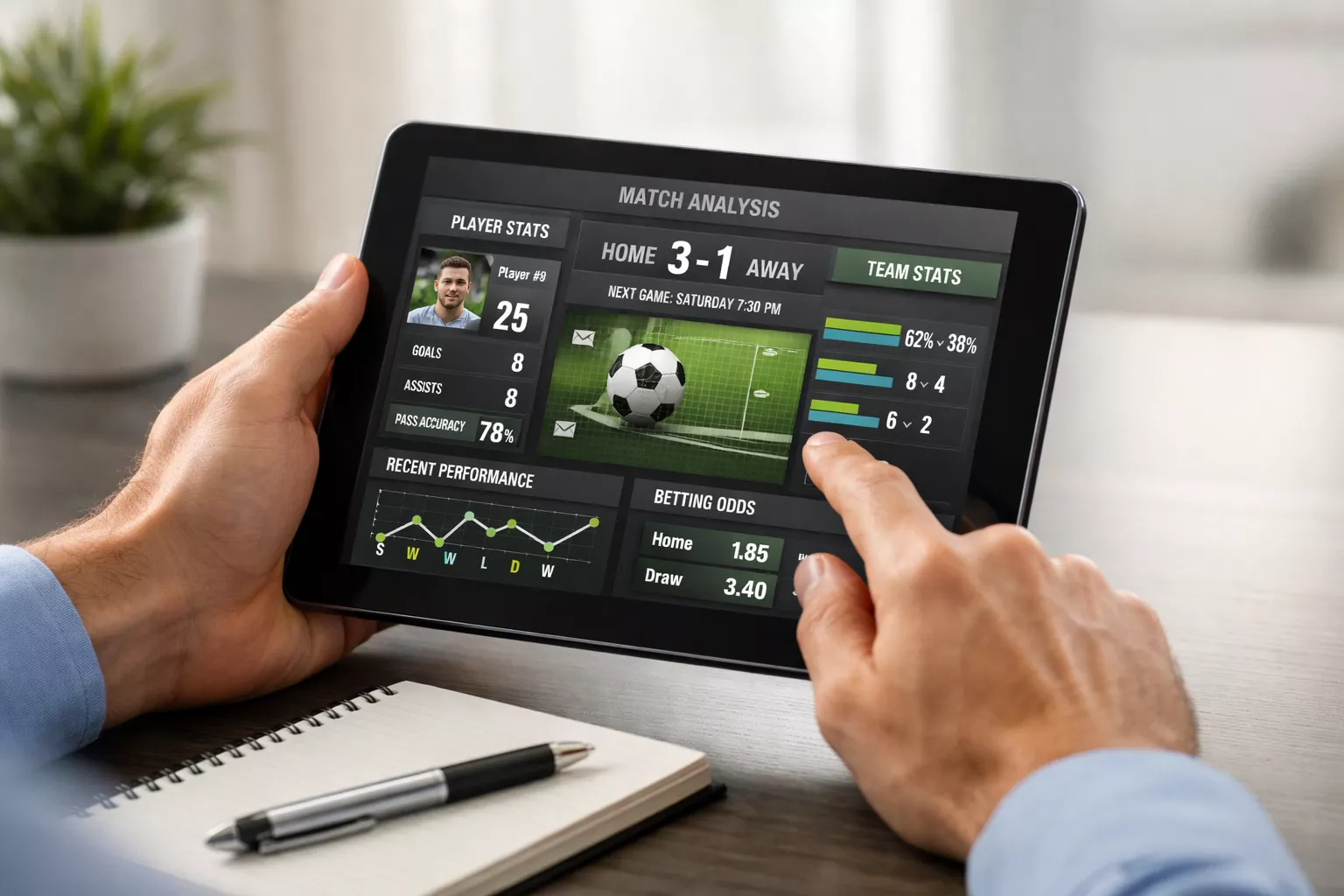 Person analyzing sports statistics on a tablet device at a modern workspace