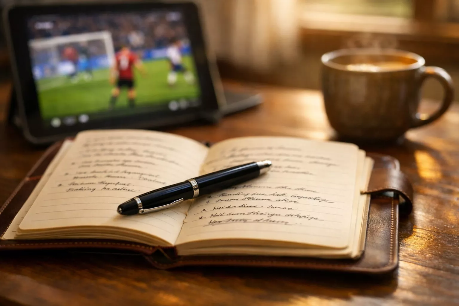 Notebook with betting observations and analysis notes on desk with tablet showing match highlights