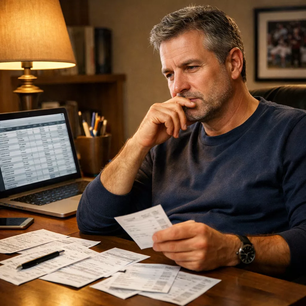 Thoughtful sports bettor reviewing past betting decisions