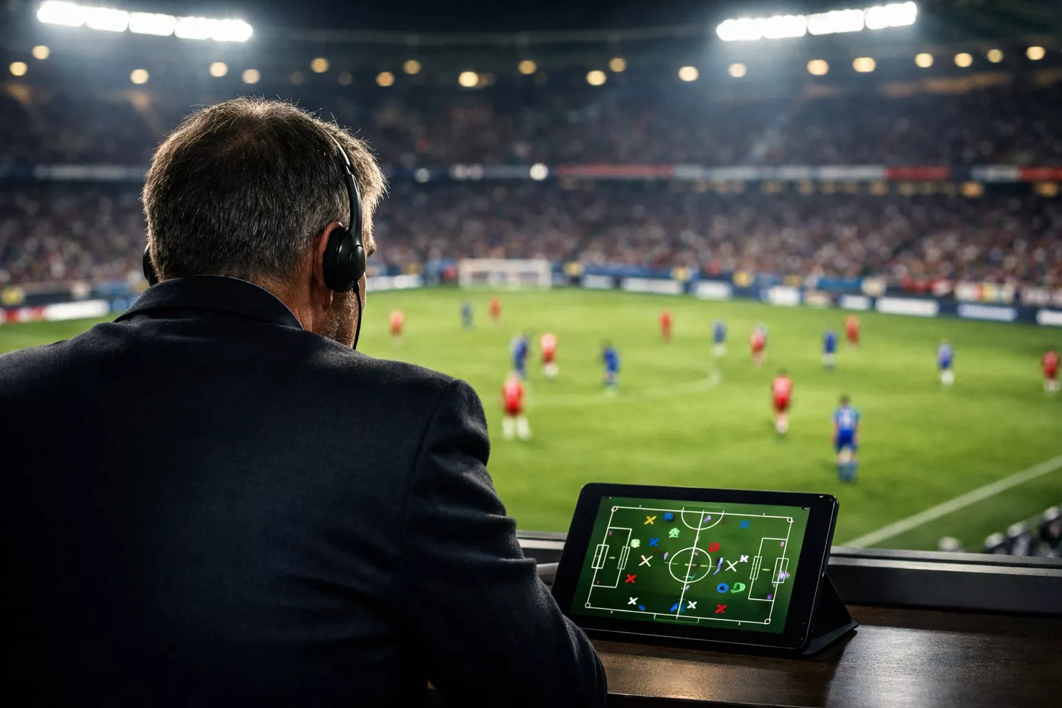 Football analyst watching Championship match from stadium press box with tactical tablet
