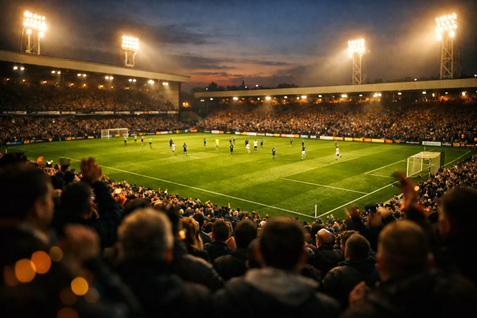 Atmospheric evening view of a packed English football stadium with dramatic floodlights illuminating the pitch