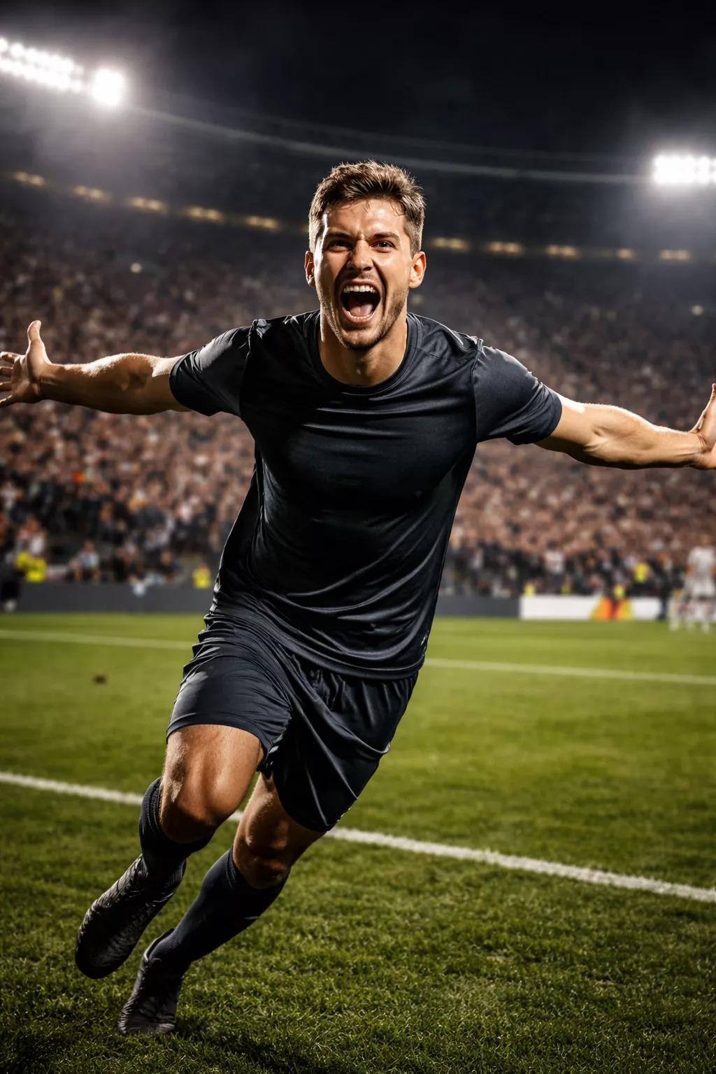 Football striker celebrating goal in stadium