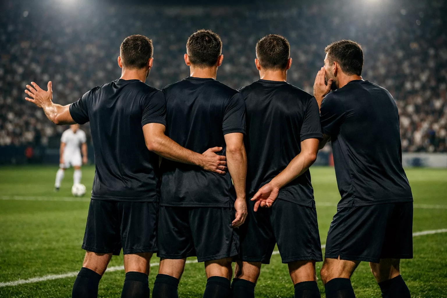 Football defenders organizing defensive wall