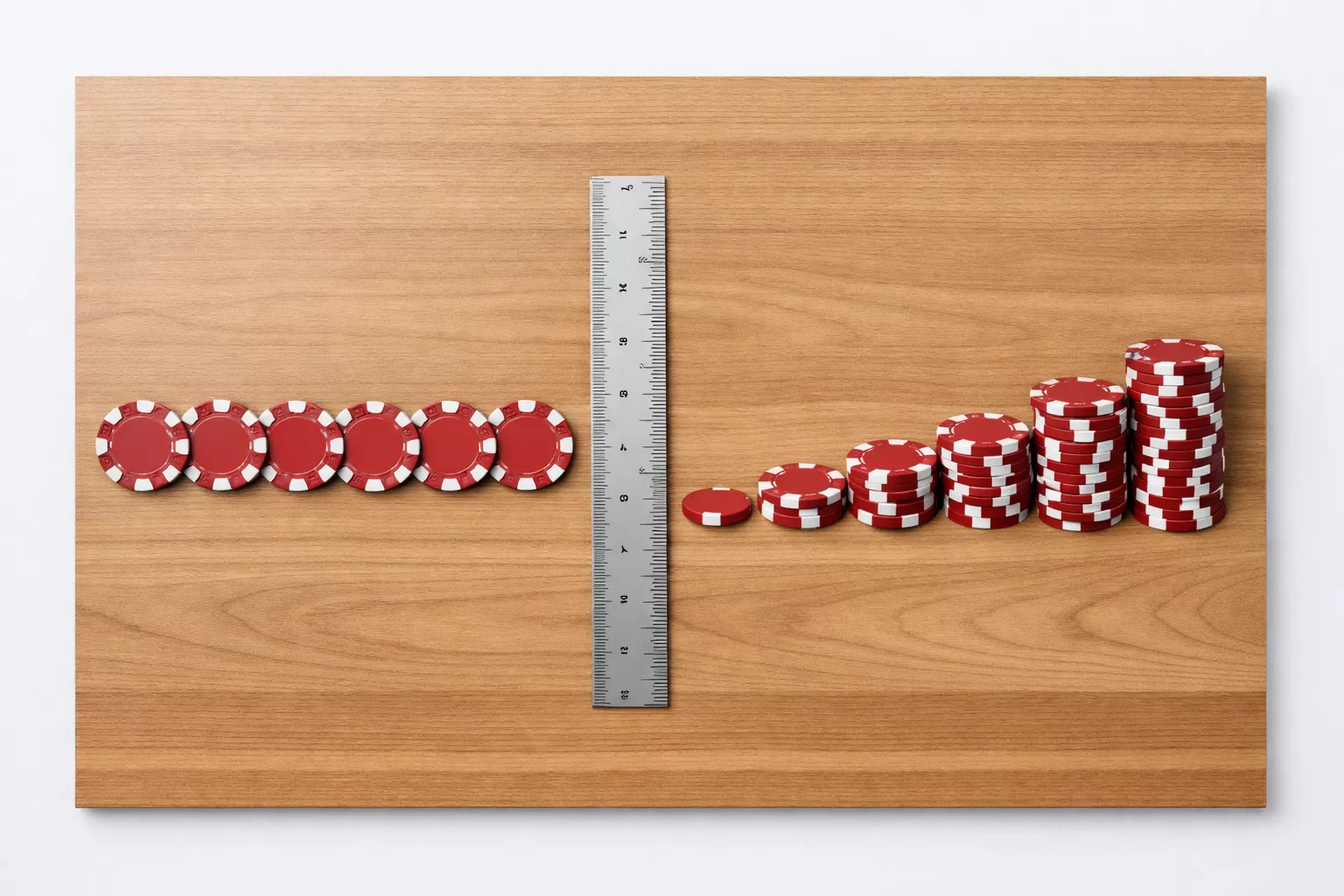 Visual comparison of identical chip stacks for flat staking versus graduated stacks for variable staking