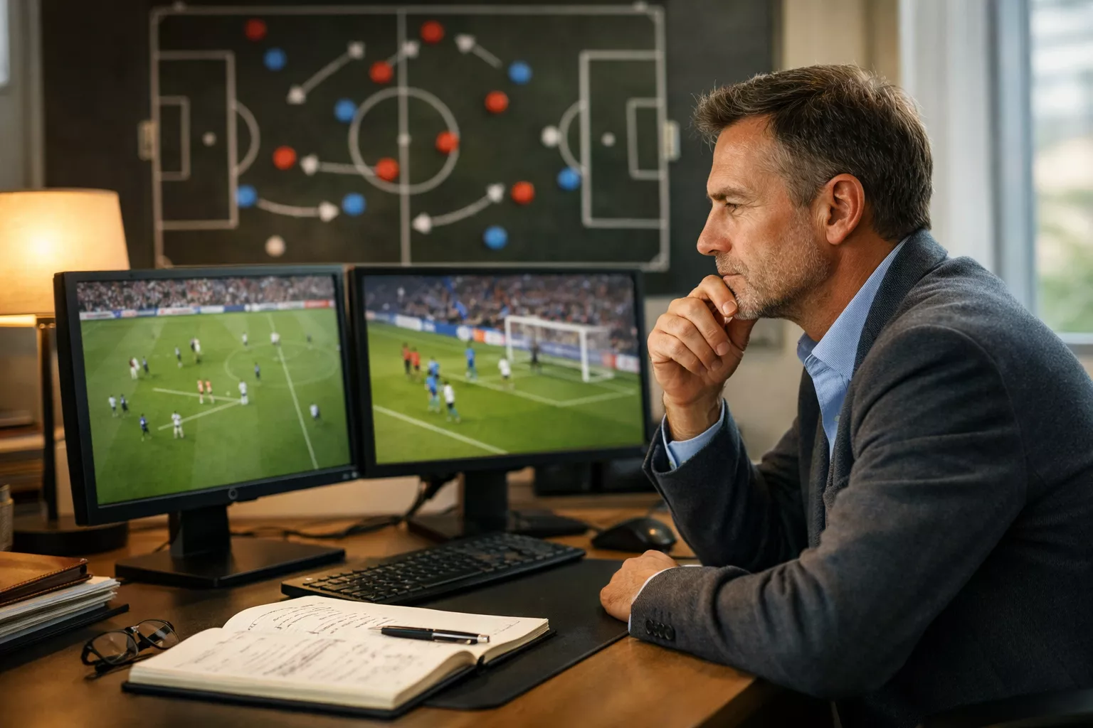 Football analyst reviewing match tactics and statistics
