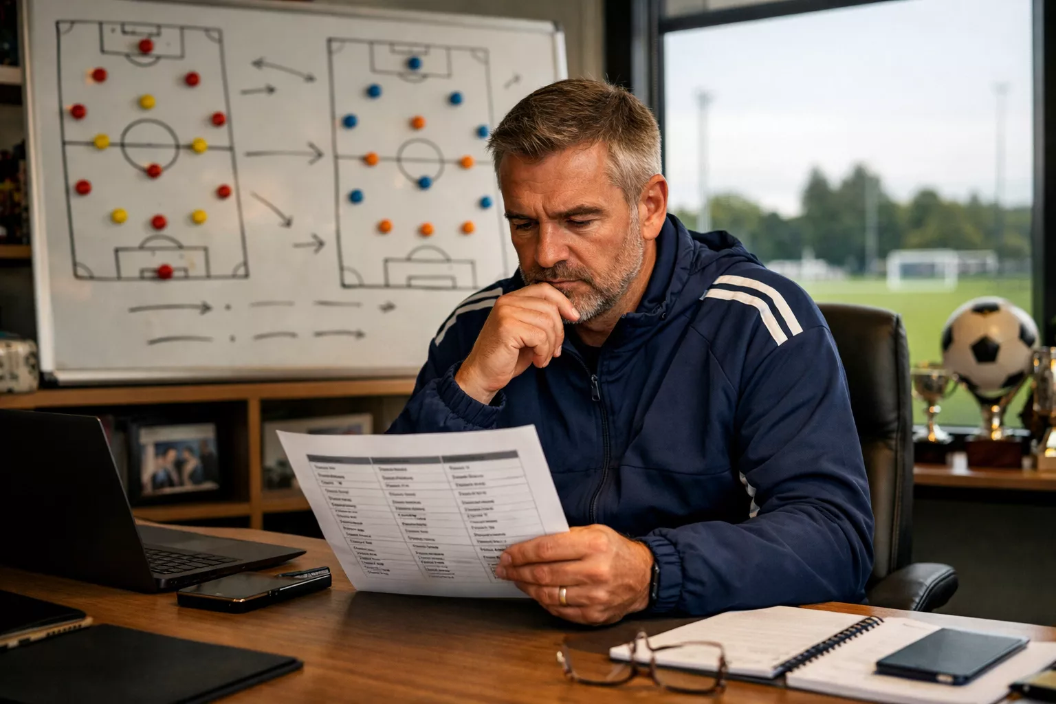 Football manager reviewing full squad roster