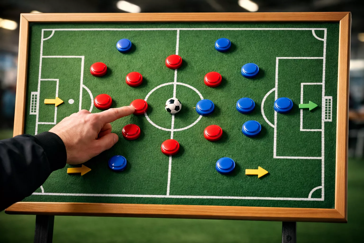 Football tactics board with magnetic player pieces showing team formation and strategic positioning