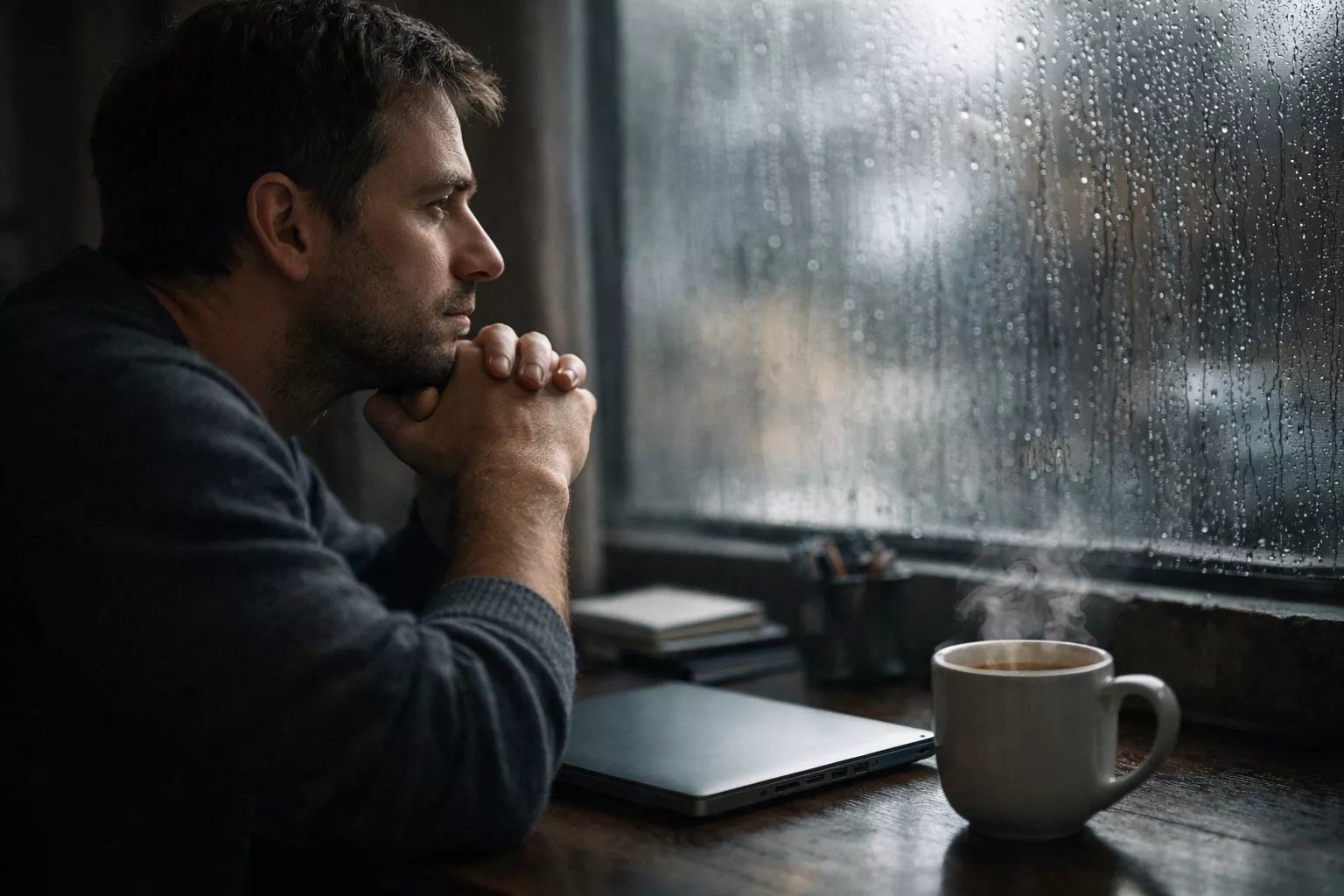 Person sitting calmly at desk looking through rainy window during reflective pause from betting