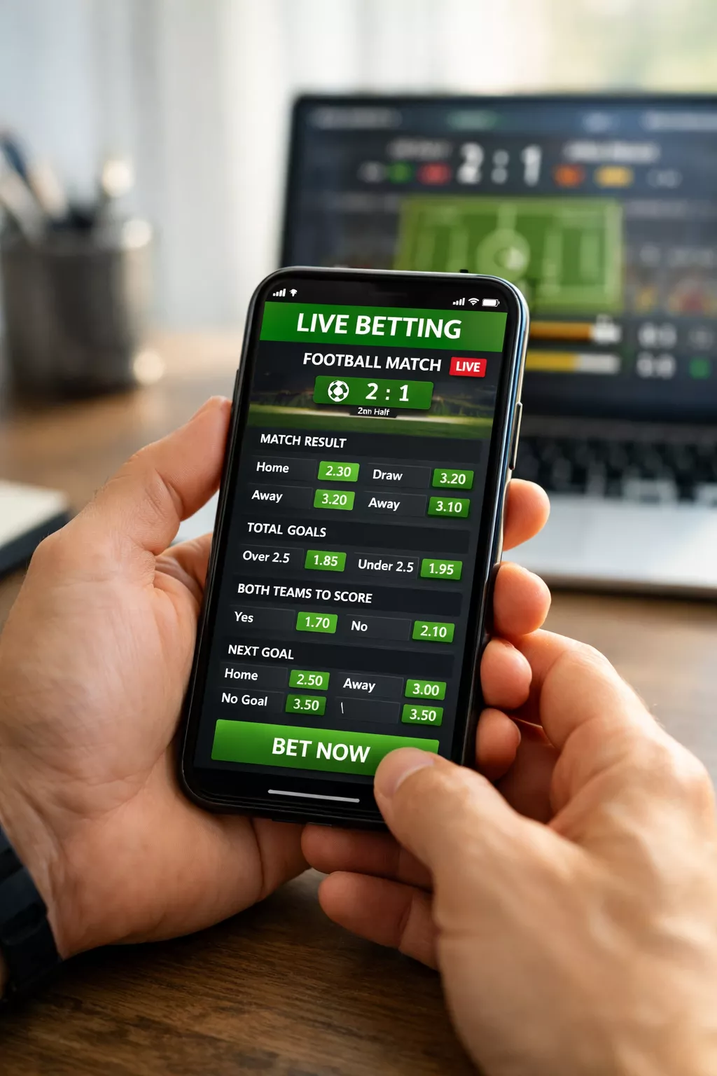 Person holding smartphone with live football betting interface and laptop with match statistics in background
