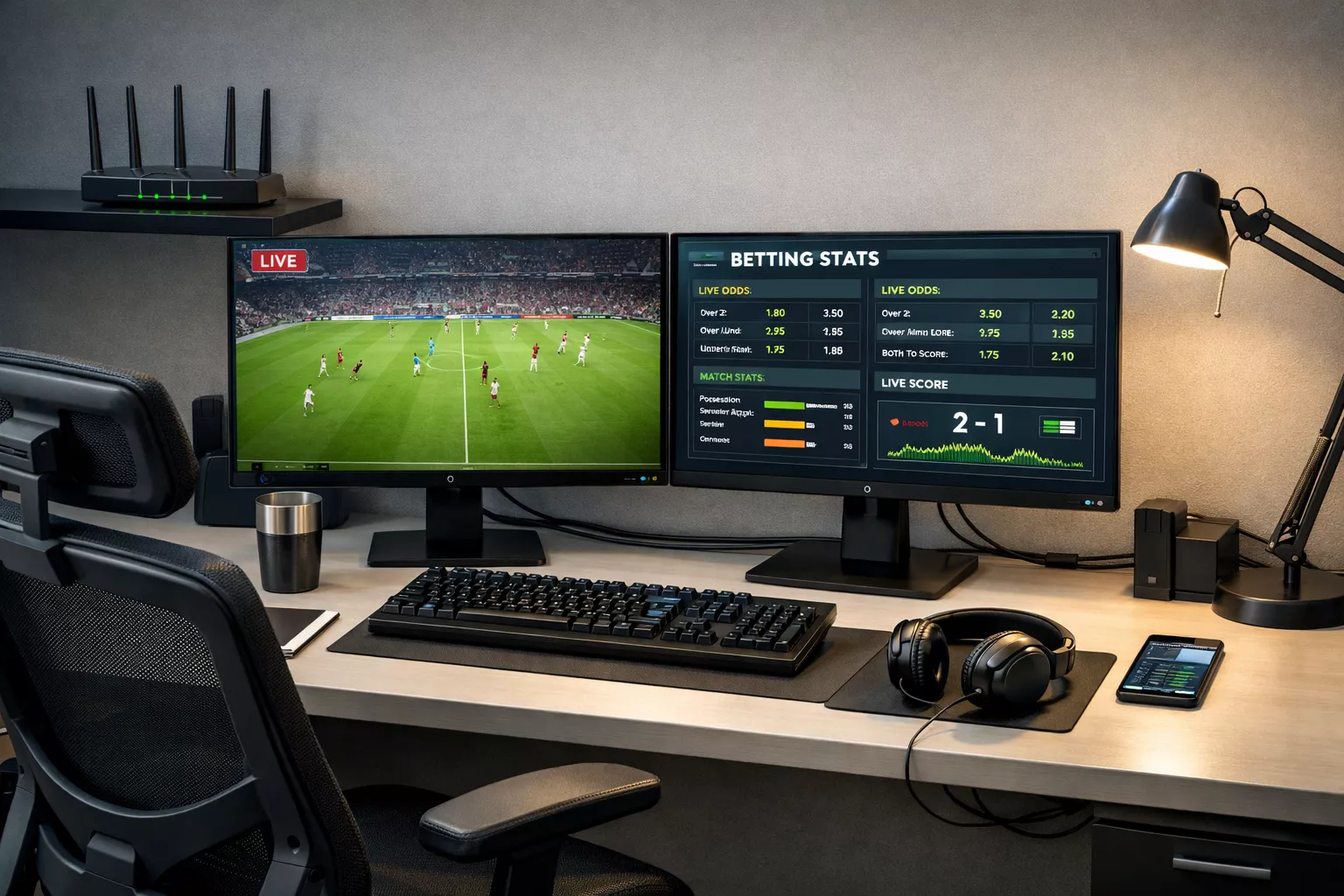 Professional dual monitor workspace for live football betting with streaming and statistics displays