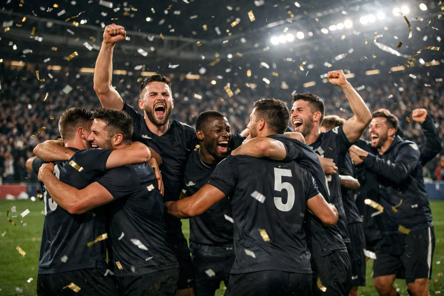 Football team celebrating promotion achievement
