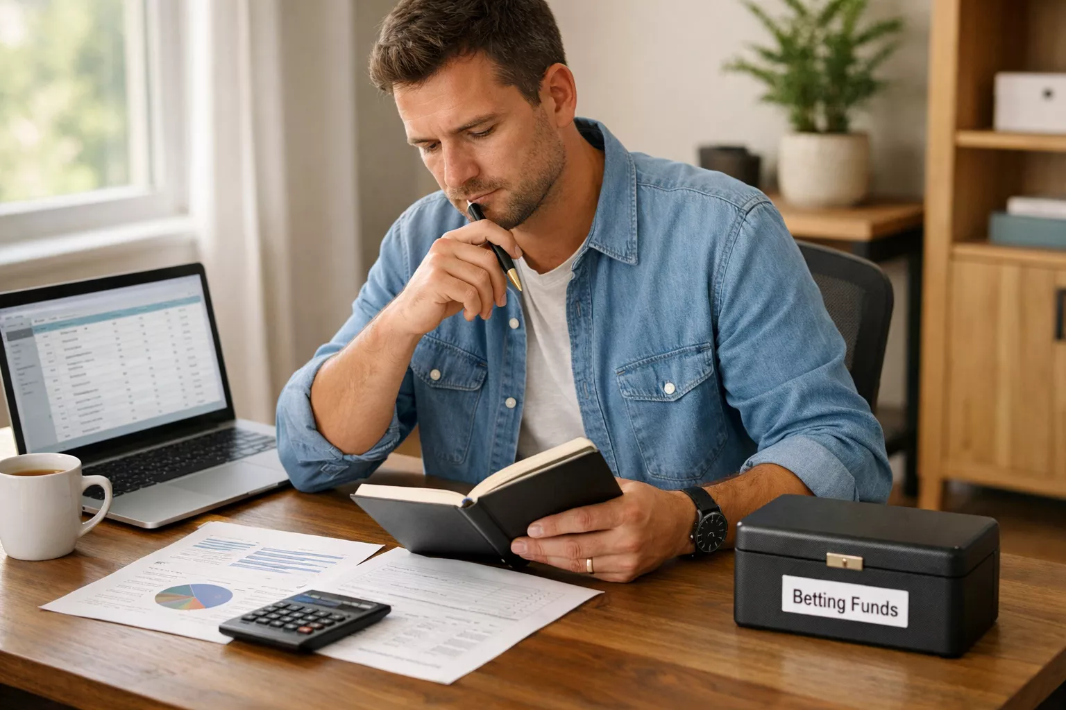 Person reviewing financial documents and planning separate betting bankroll at home office desk