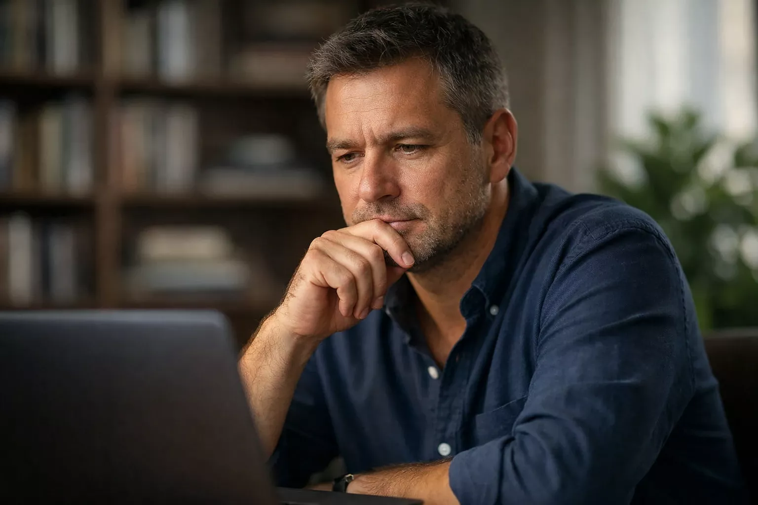Person in contemplative pose at desk, thoughtfully considering information on laptop screen