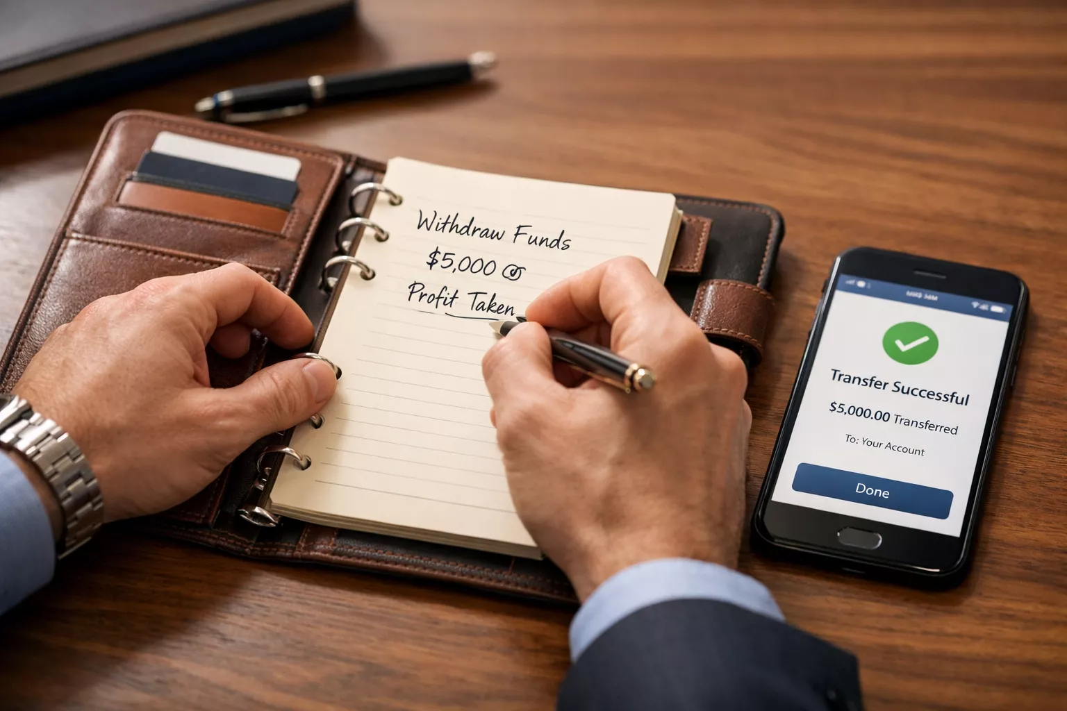 Person making notes in leather planner with smartphone showing successful bank transfer nearby
